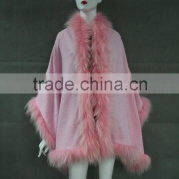 Pink Cachmere Cape With Detachable Raccoon Fur Collar /Ladies Fur Shawl With Many Color For Choose