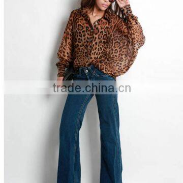 Womens Wild Leopard Print Button Bishop Long Sleeve Chiffon Blouse L1339