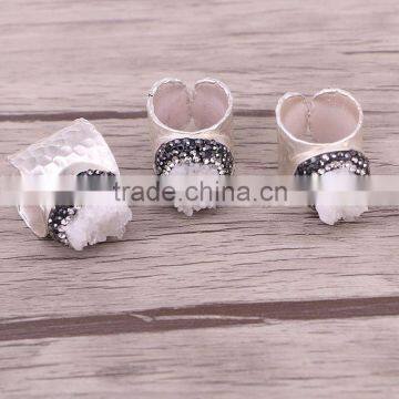 Natural White Quartz Stone Druzy Rings, Metal Copper Silver Plated Wide Band Crystal Zircon Paved Gem stone Ring