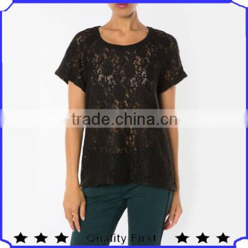 ladies black color short sleeve hot sell rayon t shirt woman fashion lace design