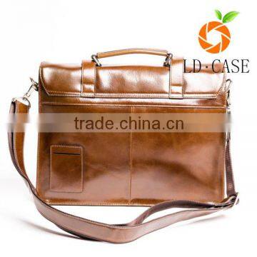 Grained Genuine Leather Men Office Briefcase Shoulder Bag With Shoulder Strap