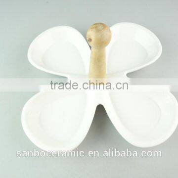 Snack White Ceramic Plate Dinnerware Plates Flower Shaped With Wooden Handle photo-2