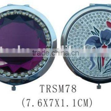 Promotional round metal jewelled pocket mirror bling make up mirror