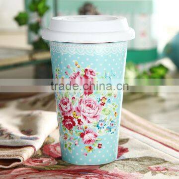 12oz Pink Flower Design Ceramic Double Wall Tumbler photo-3
