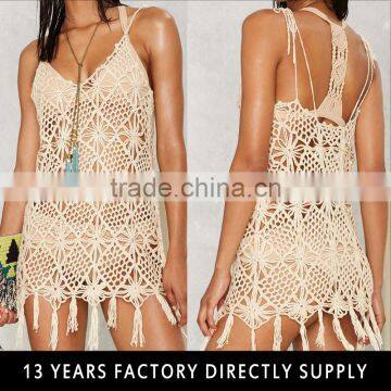 Sexy ladies Hollow out see-through one piece crochet mini dress with fringe