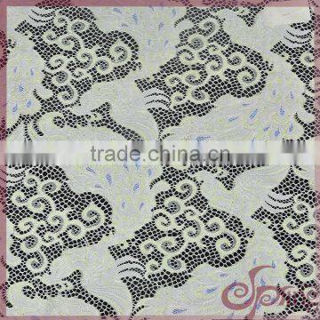 Colorful peacock design lace fabric wholesale, china style tricot fabric for dress