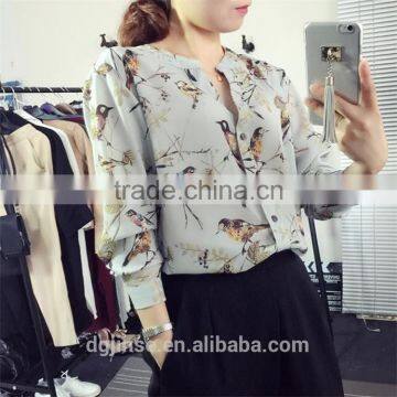 The spring summer ladies tops socialite retro birds digital printing long sleeve chiffon blouse for women