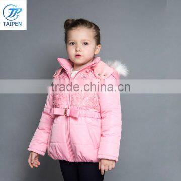 Fashion Design Girls Knock-down Hood Jacket With Lace And Bow Belt Kids Pink Jacket