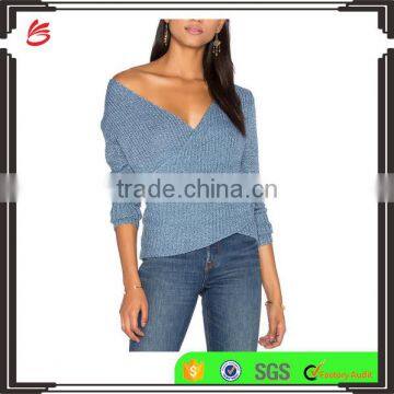 Blue plain custom v-neck sweater for women pullover sweater dress