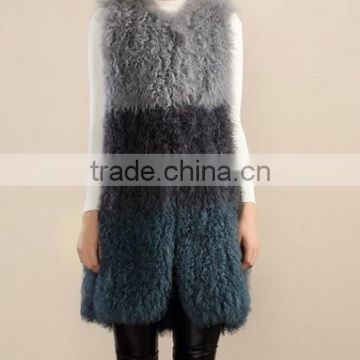 Yanran Fur Fashion YR1000 Block Color Top Quality Real Curly Lamb Hand Knit Fur Vest