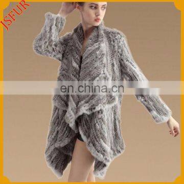 Wide lapel natural rabbit fur crochet coat for woman with genuine rabbit fur knit coat