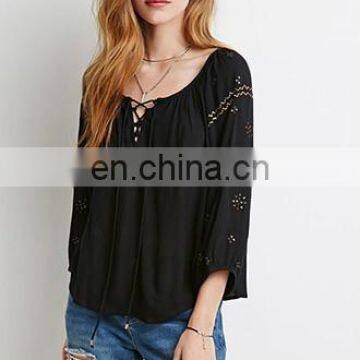 2016 Glamorous Ladies Long Sleeve Black Lace Shirts Blouses