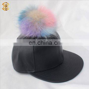 Custom Winter Black Snapback l Hat Leather Cap With Hair Fur Pom Pom