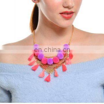 Retro Multi - element Combination Aluminum Mesh Sequins Pom PomTassel Pendant Necklace