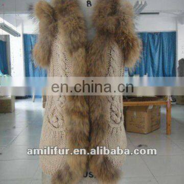 Knit Gilet/Vest With Raccoon Dog Trim New Style For 2012/2013 Ladies' Fashion Fur Vest