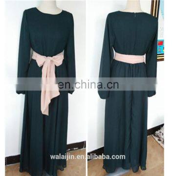 Long sleeve muslim dress for woman,chiffon maxi dress with belt