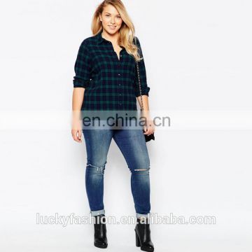 2016 Baiyimo 100% cotton green black check long sleeve plus size big shirt blouses for fat women