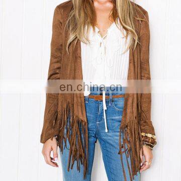 Ladies Long sleevs Latest fashion suede jackets with Tassel hem