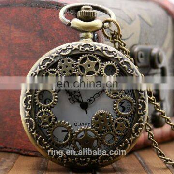 Yiwu Factory Bronze Hollow Gears Quartz Pocket Watch With Necklace Best Wedding Gift