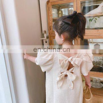 girls back big bow cotton linen long dress cute kids puff sleeve loose dresses