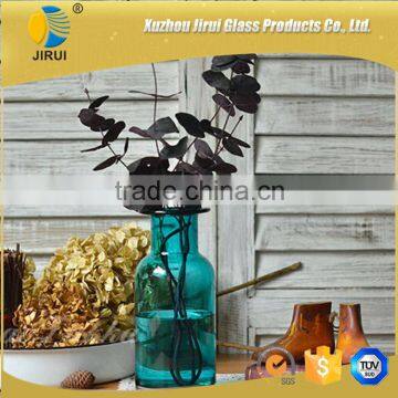 Wide Mouth Blue Glass Vase for Home Decoration With Flower