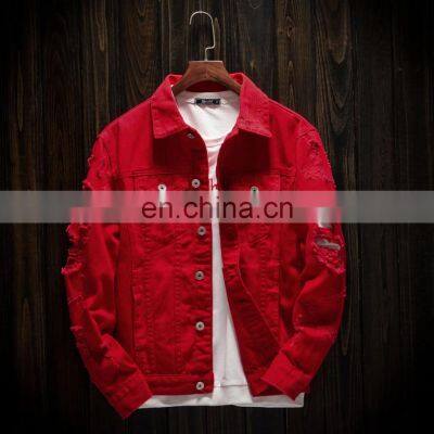 Custom men's denim jacket trendy fashion hip-hop streetwear ripped denim men's motorcycle jacket bomber jacket