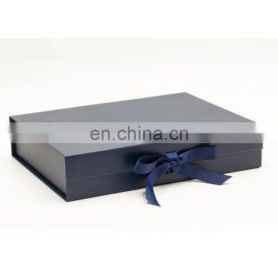 Deluxe stock ready slot ribbon navy blue shallow gift hamper box packaging with magnetic lid