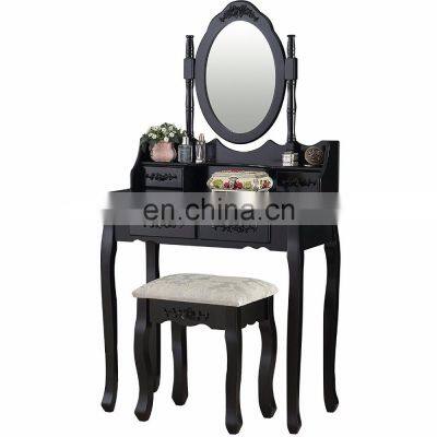 Black Dressing Table Vanity Makeup Desk wIth 4 Drawers, Mirror and Stool Furniture