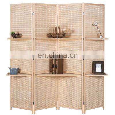 6 ft Tall Beige Woven Bamboo Room Divider Folding Privacy Screens Partition Wall with 2 Display Shelves