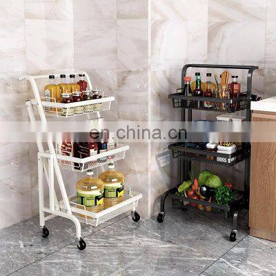 New Household Carbon Steel 3-tier Kitchen Storage Rack Cart Foldable Kitchen Trolley With Wheels photo-3