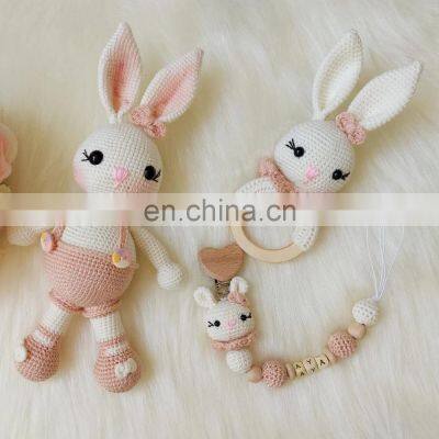 Handmade Crochet Bunny Rattle and Personalized Pacifier Holder Set Newborn Natural Organic Toys Vietnam Supplier Cheap Wholesale photo-3