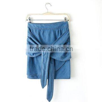 Wholesale 2014 Europea fashion ladies irregular denim skirt with bowknot