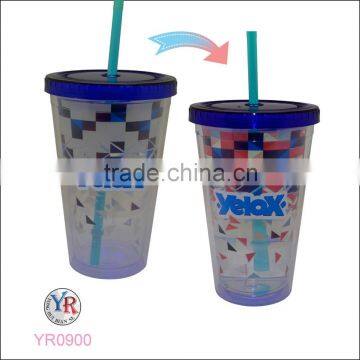 factory wholesale tumbler with straw and photo insert layer or thermosensitive color changing decor