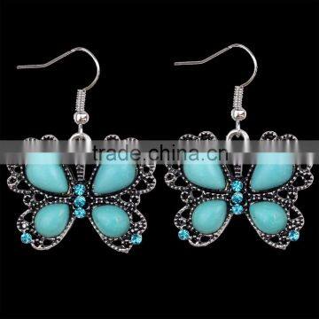 Fashion Design Wholesale Cheap Jewelry Turquoise Crystal Butterfly Shape Dangling Antique Silver Hook Earrings Girlfrend Gift