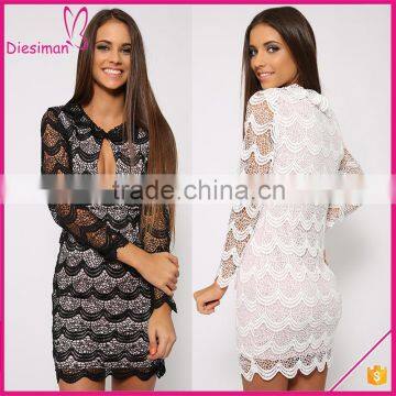 Fashion long sleeve eyelash lace overlay new model women dress model