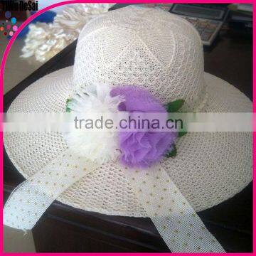 2015 fashion summer flower beach wholesale lady white hat with flower