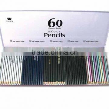 7"60pcs Artist color pencil,drawing pencil,water color pencil,charcoal pencil,metallic color pencils.with metal box