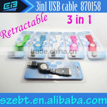 3 in 1 Retractable USB Cable for Apple iPhone 4s iPad2/3/4 iPad Mini iPhone Micro USB Mobile Phone