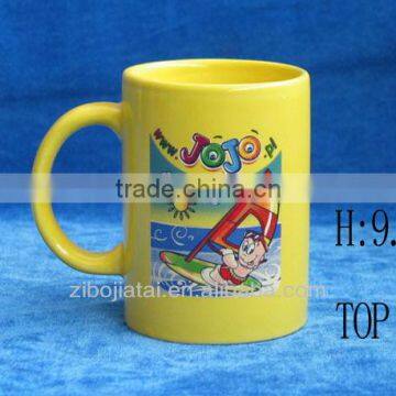 Straight Shape Yellow Glazed Ceramic Promotional Mug with JOJO Decal