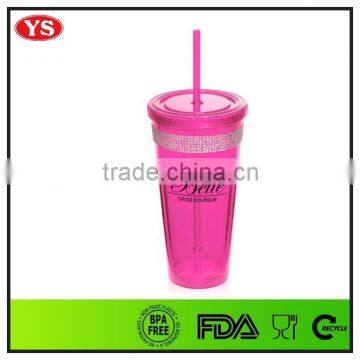 20 oz double wall bpa free plastic bling tumbler with straw