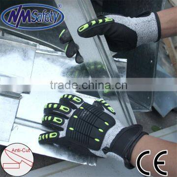 NMSAFETY EN388 4543 anti impact glove and cut 5 glove working gloves TPR chips on back and magic buckle