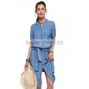 Woman blue short sleeve tie waist button down midi length cotton jeans/denim dress