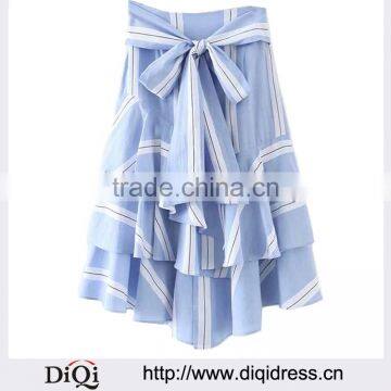 Bowknot Tall-waist Summer Striped Blue Skirt Elegant Fresh Woman Long Dress