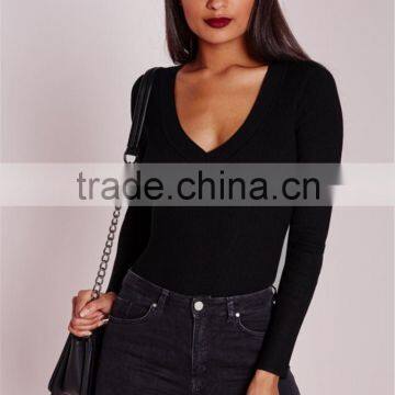 MGOO New Fashion Deep Plunge Bodysuit Black Custom Designs 95% Polyester 5% Spandex Plain Basic Fashion Item photo-5