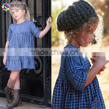 Boutique 100% Cotton Children Frocks Designs Outfits Blue Plaid Fashion Girls Birthday Party Dresses