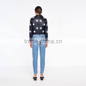 Fashion Contrasting Coloured Stars Cropped Leather Jackets for Women photo-3