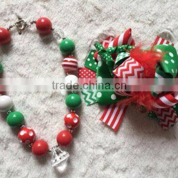 Christmas 6 inch feather chunky bow and Christmas chunky necklace set