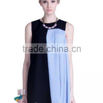 Womens Black and Blue Contrast Color Chiffon Sleeveless Simple Blank Dress