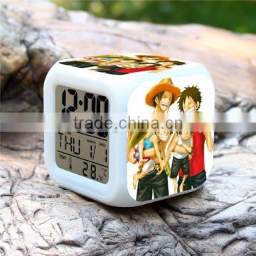 (Hot model) Led 7 color changing Alarm clock ,Desktop Calendar clock,One piece Cartoon clock