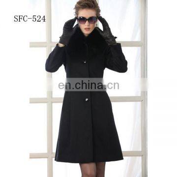 Black color women's cashmere winter coat with Fur collar